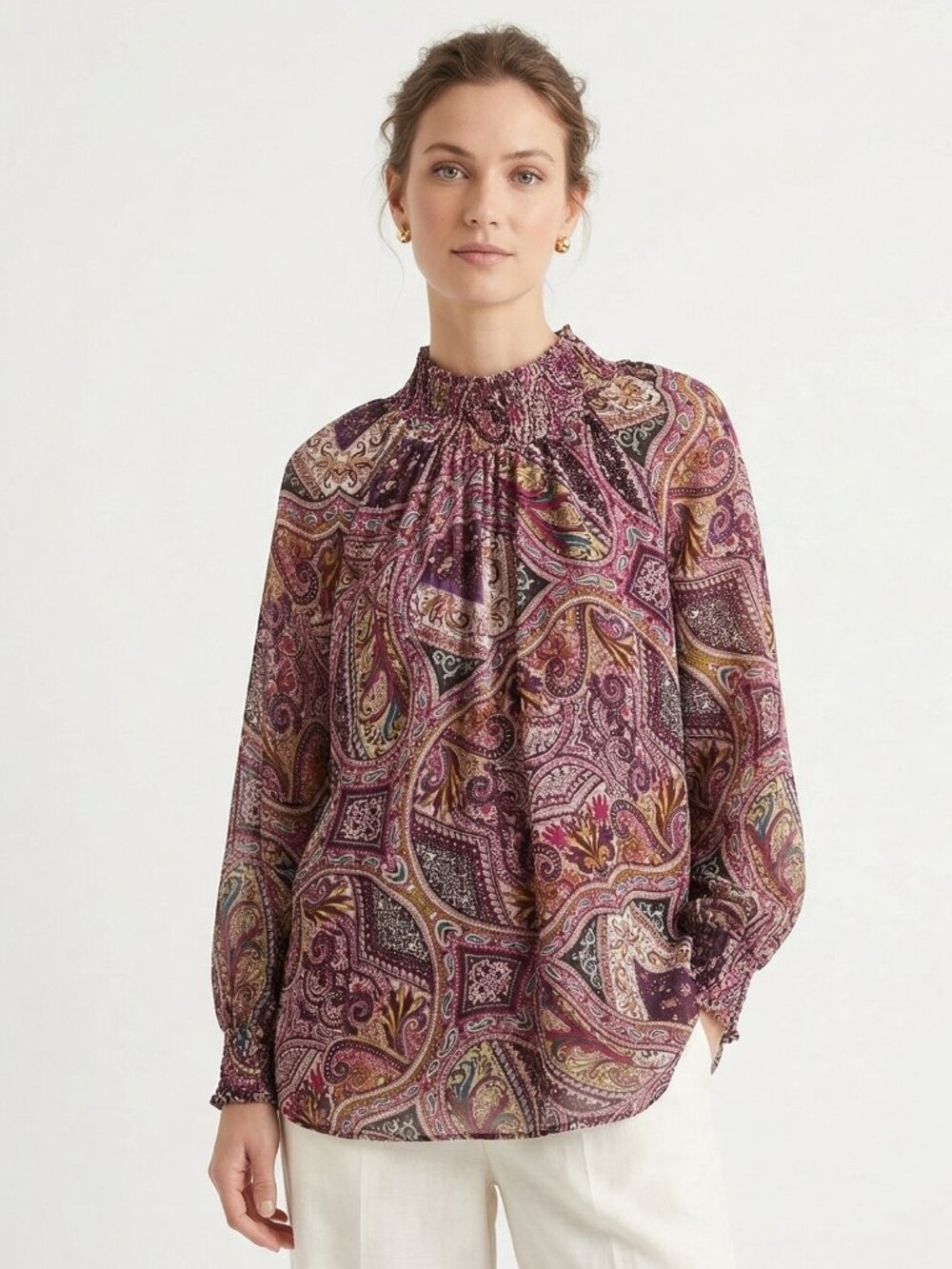 Chico's Blouse Purple Paisley Mock Neck Boho Sheer Whimsygoth 3 (XL)